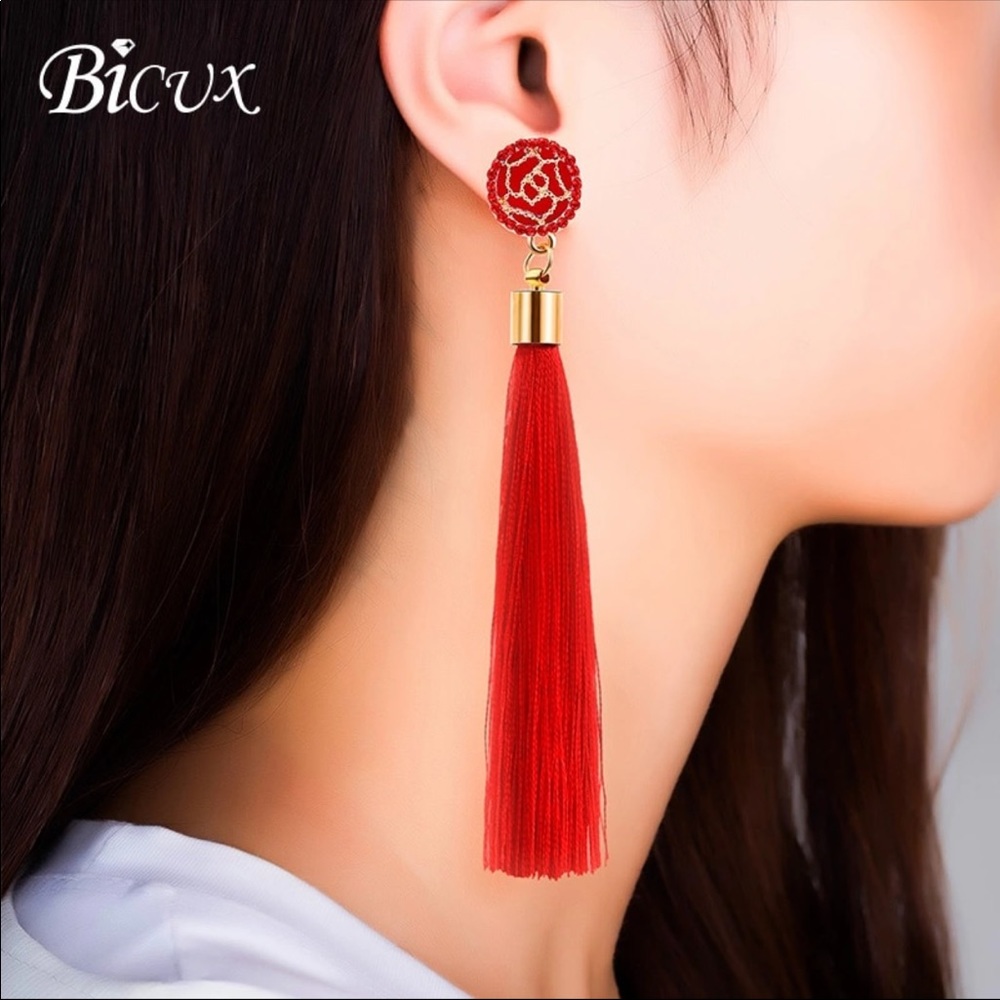 New Bohemian Tassel Crystal Long Earrings - Picture 2 of 2